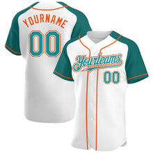 Загрузить изображение в средство просмотра галереи, Custom White Teal-Orange Authentic Raglan Sleeves Baseball Jersey