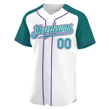Загрузить изображение в средство просмотра галереи, Custom White Teal-Purple Authentic Raglan Sleeves Baseball Jersey
