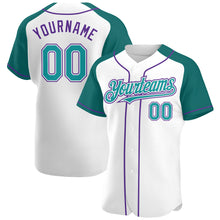 Загрузить изображение в средство просмотра галереи, Custom White Teal-Purple Authentic Raglan Sleeves Baseball Jersey