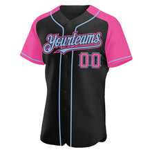 Загрузить изображение в средство просмотра галереи, Custom Black Pink-Light Blue Authentic Raglan Sleeves Baseball Jersey