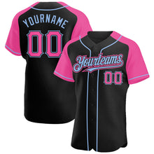 Загрузить изображение в средство просмотра галереи, Custom Black Pink-Light Blue Authentic Raglan Sleeves Baseball Jersey