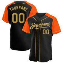 Загрузить изображение в средство просмотра галереи, Custom Black Old Gold-Orange Authentic Raglan Sleeves Baseball Jersey