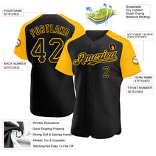 Load image into Gallery viewer, Custom Black Gold Authentic Raglan Sleeves Baseball Jersey