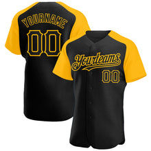 Load image into Gallery viewer, Custom Black Gold Authentic Raglan Sleeves Baseball Jersey