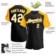 Load image into Gallery viewer, Custom Black White-Gold Authentic Raglan Sleeves Baseball Jersey