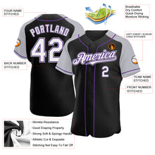 Load image into Gallery viewer, Custom Black White Gray-Purple Authentic Raglan Sleeves Baseball Jersey