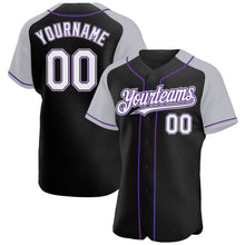 Load image into Gallery viewer, Custom Black White Gray-Purple Authentic Raglan Sleeves Baseball Jersey