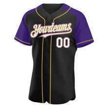 Load image into Gallery viewer, Custom Black White Purple-Old Gold Authentic Raglan Sleeves Baseball Jersey