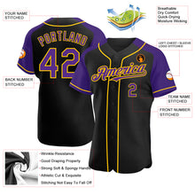 Load image into Gallery viewer, Custom Black Purple-Yellow Authentic Raglan Sleeves Baseball Jersey