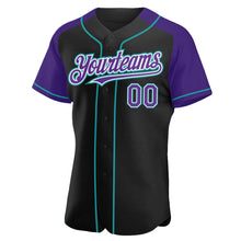 Load image into Gallery viewer, Custom Black Purple-Teal Authentic Raglan Sleeves Baseball Jersey