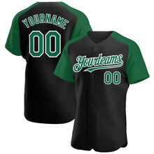 Load image into Gallery viewer, Custom Black Kelly Green-White Authentic Raglan Sleeves Baseball Jersey
