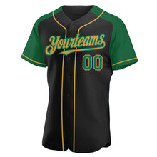 Load image into Gallery viewer, Custom Black Kelly Green-Old Gold Authentic Raglan Sleeves Baseball Jersey
