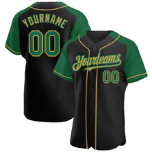 Load image into Gallery viewer, Custom Black Kelly Green-Old Gold Authentic Raglan Sleeves Baseball Jersey