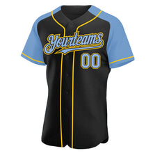 Load image into Gallery viewer, Custom Black Light Blue-Yellow Authentic Raglan Sleeves Baseball Jersey