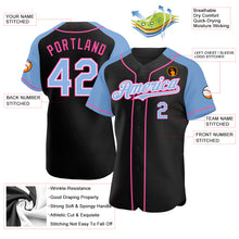 Load image into Gallery viewer, Custom Black Light Blue-Pink Authentic Raglan Sleeves Baseball Jersey