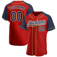 Load image into Gallery viewer, Custom Red Navy-Old Gold Authentic Raglan Sleeves Baseball Jersey
