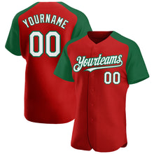 Load image into Gallery viewer, Custom Red White-Kelly Green Authentic Raglan Sleeves Baseball Jersey