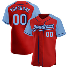 Load image into Gallery viewer, Custom Red Light Blue-Navy Authentic Raglan Sleeves Baseball Jersey
