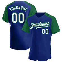 Загрузить изображение в средство просмотра галереи, Custom Royal White-Kelly Green Authentic Raglan Sleeves Baseball Jersey