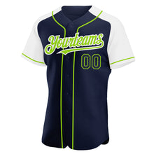 Загрузить изображение в средство просмотра галереи, Custom Navy White-Neon Green Authentic Raglan Sleeves Baseball Jersey