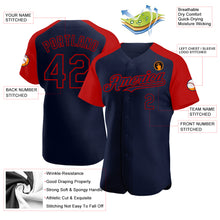 Load image into Gallery viewer, Custom Navy Red Authentic Raglan Sleeves Baseball Jersey