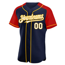 Load image into Gallery viewer, Custom Navy White Red-Gold Authentic Raglan Sleeves Baseball Jersey