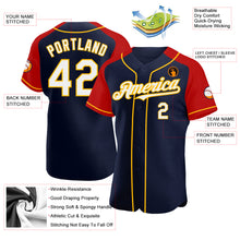 Load image into Gallery viewer, Custom Navy White Red-Gold Authentic Raglan Sleeves Baseball Jersey