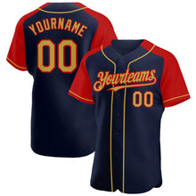Load image into Gallery viewer, Custom Navy Old Gold-Red Authentic Raglan Sleeves Baseball Jersey