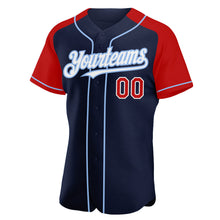 Charger l'image dans la galerie, Custom Navy Red-Light Blue Authentic Raglan Sleeves Baseball Jersey