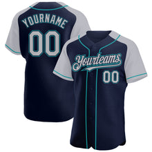 Charger l'image dans la galerie, Custom Navy Gray-Teal Authentic Raglan Sleeves Baseball Jersey