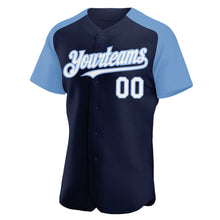 Загрузить изображение в средство просмотра галереи, Custom Navy White-Light Blue Authentic Raglan Sleeves Baseball Jersey