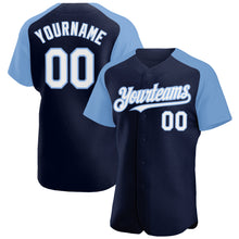 Загрузить изображение в средство просмотра галереи, Custom Navy White-Light Blue Authentic Raglan Sleeves Baseball Jersey