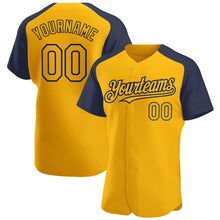 Загрузить изображение в средство просмотра галереи, Custom Gold Navy Authentic Raglan Sleeves Baseball Jersey