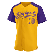 Загрузить изображение в средство просмотра галереи, Custom Gold Purple Authentic Raglan Sleeves Baseball Jersey