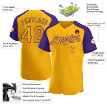 Загрузить изображение в средство просмотра галереи, Custom Gold Purple Authentic Raglan Sleeves Baseball Jersey