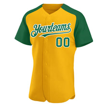 Загрузить изображение в средство просмотра галереи, Custom Gold Kelly Green-White Authentic Raglan Sleeves Baseball Jersey