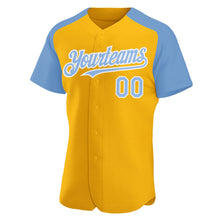 Загрузить изображение в средство просмотра галереи, Custom Gold Light Blue-White Authentic Raglan Sleeves Baseball Jersey