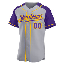 Charger l'image dans la galerie, Custom Gray Purple-Gold Authentic Raglan Sleeves Baseball Jersey