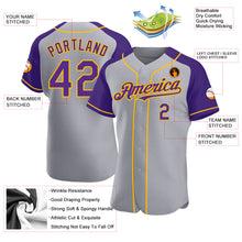 Charger l'image dans la galerie, Custom Gray Purple-Gold Authentic Raglan Sleeves Baseball Jersey
