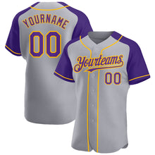 Charger l'image dans la galerie, Custom Gray Purple-Gold Authentic Raglan Sleeves Baseball Jersey