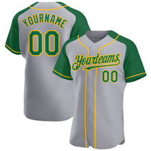 Загрузить изображение в средство просмотра галереи, Custom Gray Kelly Green-Gold Authentic Raglan Sleeves Baseball Jersey