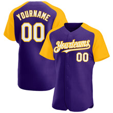 Charger l'image dans la galerie, Custom Purple White-Gold Authentic Raglan Sleeves Baseball Jersey