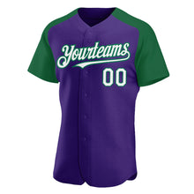 Charger l'image dans la galerie, Custom Purple White-Kelly Green Authentic Raglan Sleeves Baseball Jersey