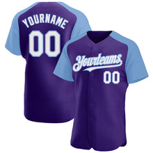 Загрузить изображение в средство просмотра галереи, Custom Purple White-Light Blue Authentic Raglan Sleeves Baseball Jersey