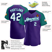 Load image into Gallery viewer, Custom Purple White-Teal Authentic Raglan Sleeves Baseball Jersey