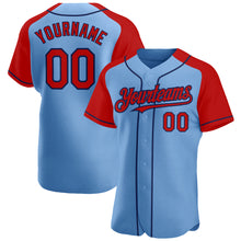 Загрузить изображение в средство просмотра галереи, Custom Light Blue Red-Navy Authentic Raglan Sleeves Baseball Jersey