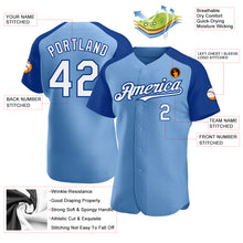 Charger l'image dans la galerie, Custom Light Blue White-Royal Authentic Raglan Sleeves Baseball Jersey