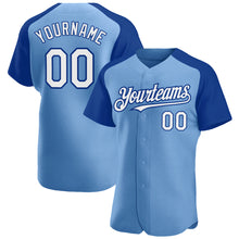 Charger l'image dans la galerie, Custom Light Blue White-Royal Authentic Raglan Sleeves Baseball Jersey