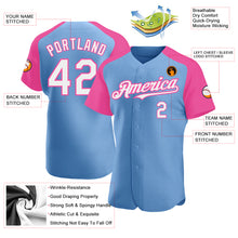 Charger l'image dans la galerie, Custom Light Blue White-Pink Authentic Raglan Sleeves Baseball Jersey