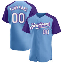 Загрузить изображение в средство просмотра галереи, Custom Light Blue White-Purple Authentic Raglan Sleeves Baseball Jersey